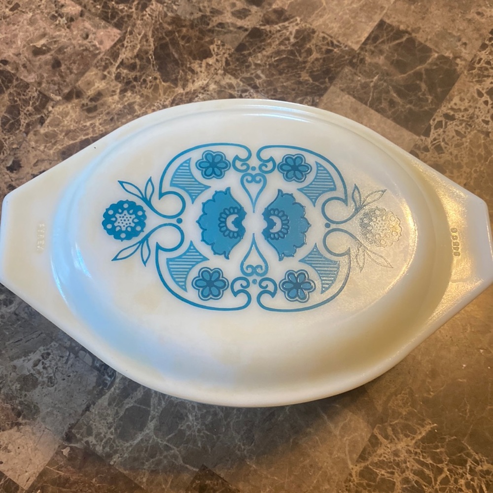 Vintage Pyrex Horizon Blue Oval Divided Serving Casserole Dish w/Lid
